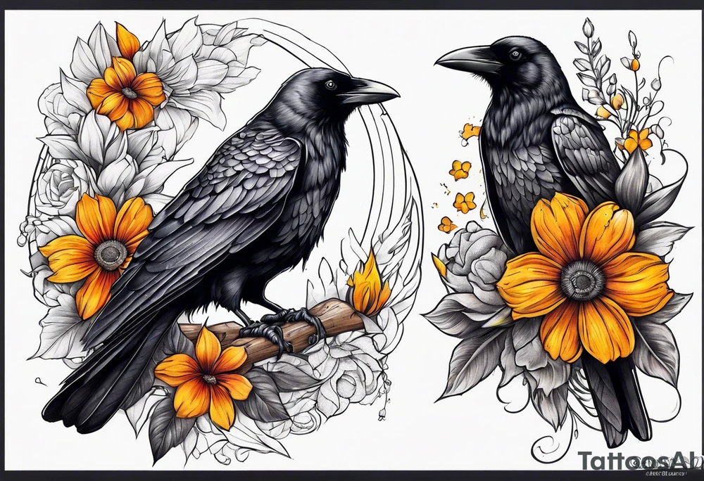 crow and flowers half sleeve tattoo idea