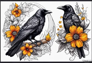 crow and flowers half sleeve tattoo idea