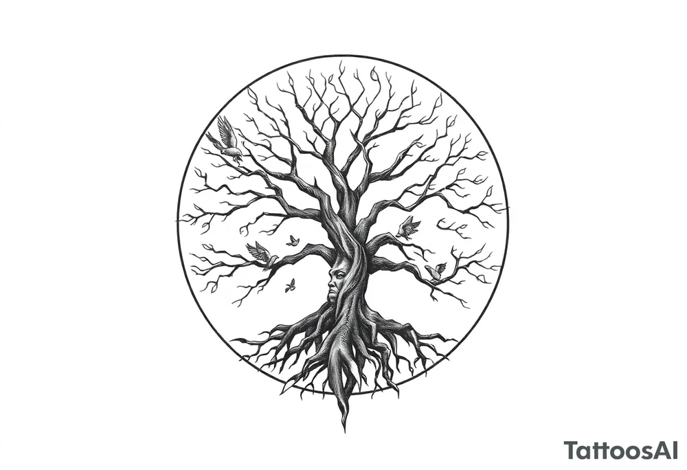 Tree of life in a broken circle with birds flying out tattoo idea