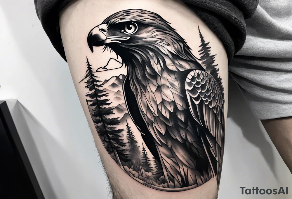 Black and grey leg tattoo of a Hawk beside a wolf in nature tattoo idea