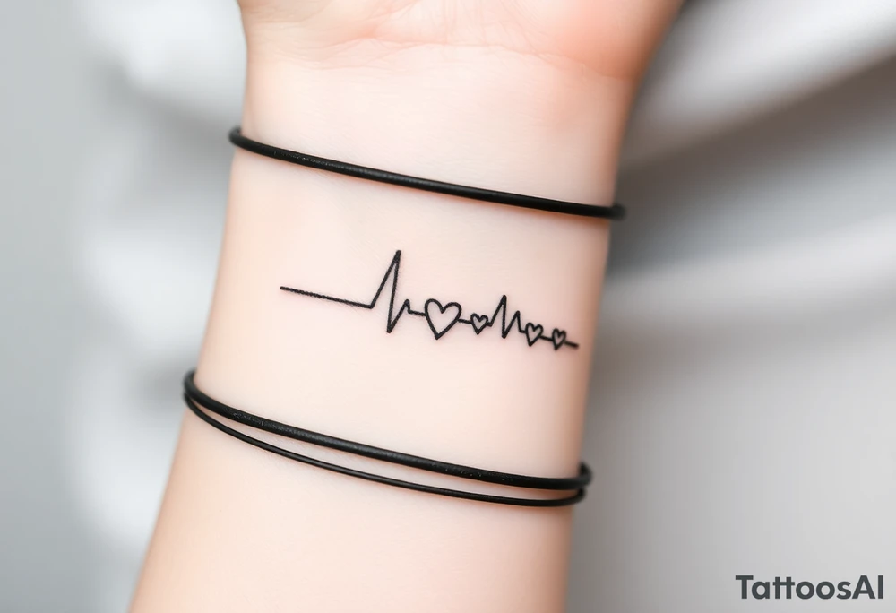 A minimalistic heartbeat line in fine black ink, with small hearts at each peak, colored in soft gold and silver. tattoo idea