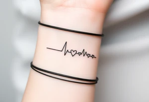 A minimalistic heartbeat line in fine black ink, with small hearts at each peak, colored in soft gold and silver. tattoo idea