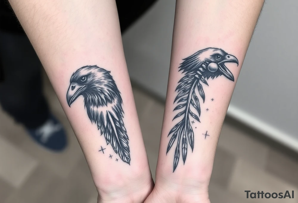 Double forearm tattoo with one normal crow head and the other forearm with a skeleton of a crows head. Each arm having feathers not attached to crows and a moon joining in the middle of both forearms tattoo idea