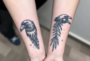 Double forearm tattoo with one normal crow head and the other forearm with a skeleton of a crows head. Each arm having feathers not attached to crows and a moon joining in the middle of both forearms tattoo idea