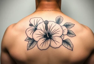 Three hibiscus flowers botanical big tattoo. FINE LINE add greenery around. Simplicity tattoo idea