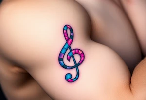 A treble clef formed from pixelated blocks, transitioning from a vibrant neon pink to electric blue tattoo idea