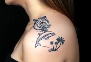 fierce tiger emerging through the trees with a jumping dolphin and palm trees underneath it tattoo idea