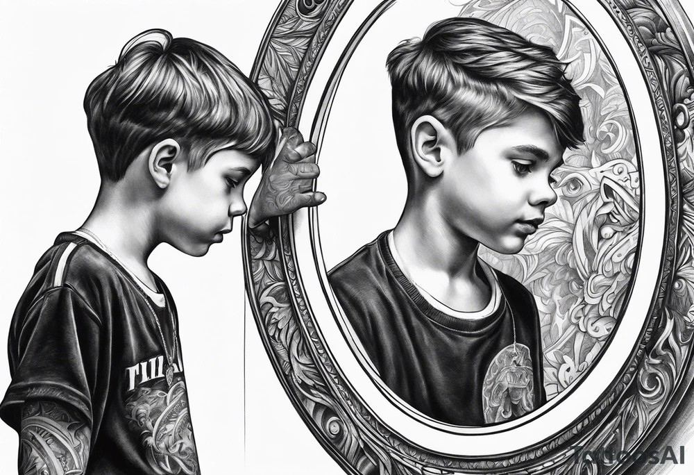 Boy looking in mirror tattoo idea