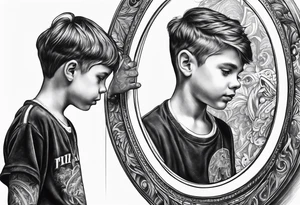 Boy looking in mirror tattoo idea