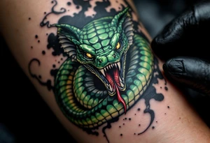 A coiled cobra with flared hood inked in glossy black and deep emerald green, its golden eyes glowing and fangs dripping with crimson venom, poised to strike against a smoky gray background. tattoo idea