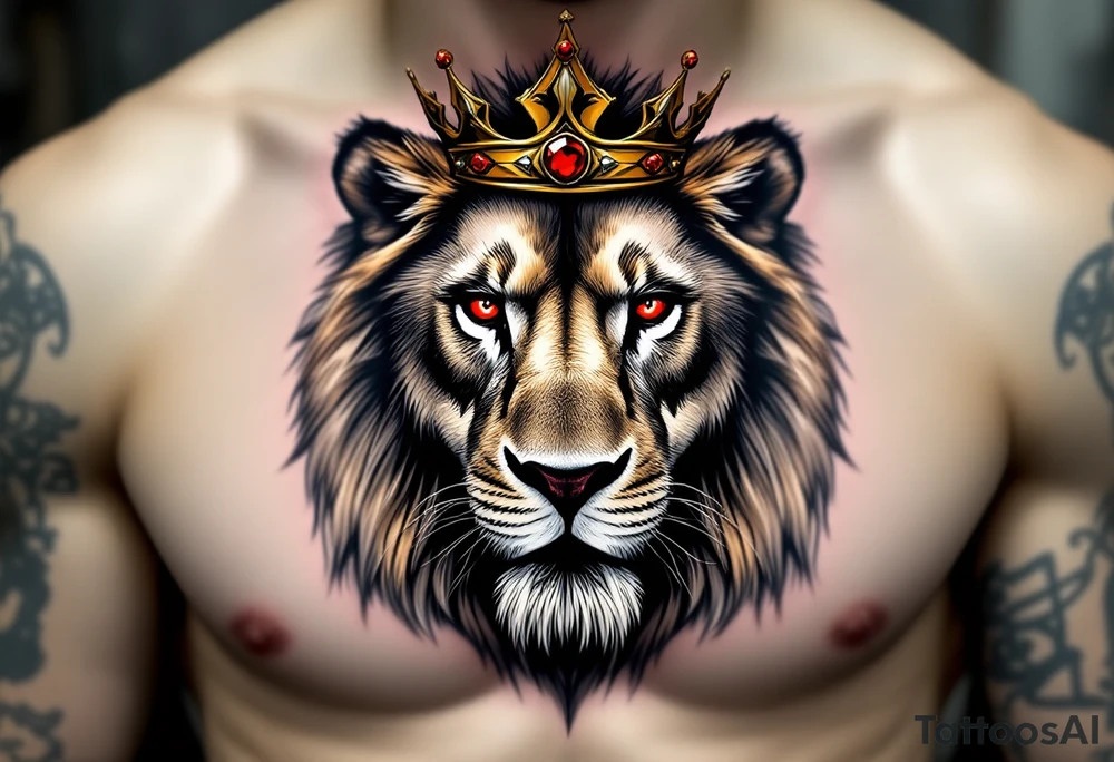 A hyper-realistic Czech lion’s face with piercing red eyes, fur detailed with soft shading, and a golden crown with ruby accents. tattoo idea