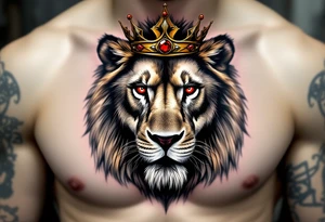A hyper-realistic Czech lion’s face with piercing red eyes, fur detailed with soft shading, and a golden crown with ruby accents. tattoo idea