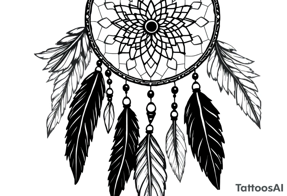native dreamcatcher with flowing feathers and sacred beads tattoo idea