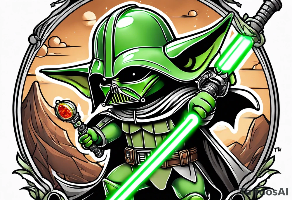 Baby grogu fighting Darth Vader while wielding a green lightsaber tattoo idea