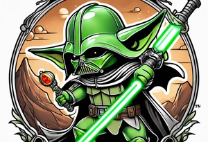 Baby grogu fighting Darth Vader while wielding a green lightsaber tattoo idea