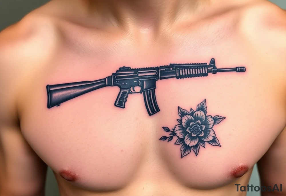 ak 47 black silhouette with floreal details tattoo idea