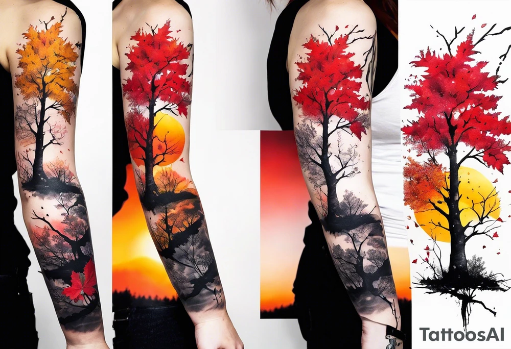 trash polka style. Arm tattoo. chest tattoo. Long tattoo. large tattoo. Full sleeve. Shoulder. A single large maple tree with red autumn leaves that branches upwards from wrist to shoulder. White-throated dipper bird on the trees branches. Calluna flowers at the base of the trees stem. Red/yellow sunset behind the trees stem. Leaves falling. tattoo idea