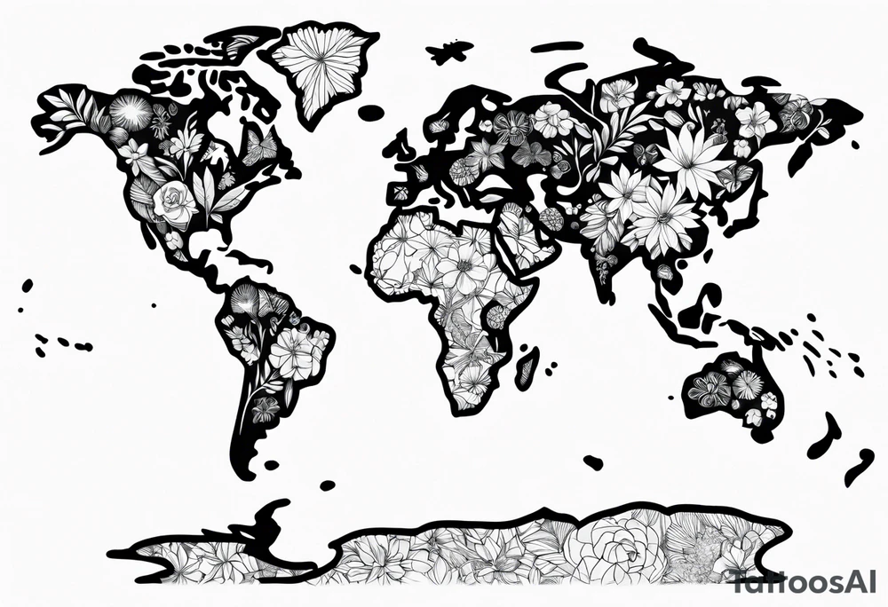 World map with floral design tattoo idea