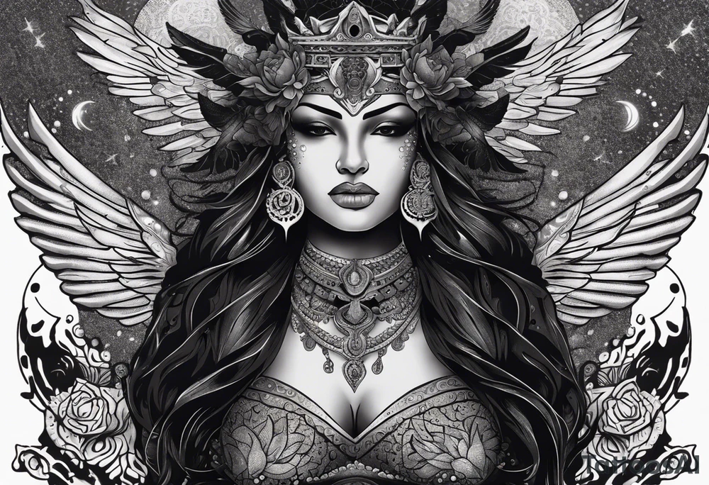 black kali, goddess pirate, alien, angel, pachamama, valkrye, warrior, flying, skull, lotus azul, wing, eagle, zenza resonance, stars, 5D, anahata chakra, death, durga, riding on a tiger, flying lady, kundalini, chest tatoo, samuri, rebel,serpent tattoo idea