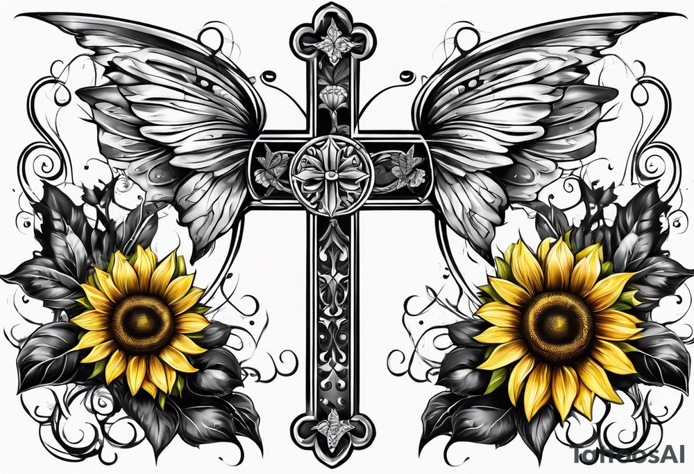 Winged cross with sunflower and butterflies tattoo idea