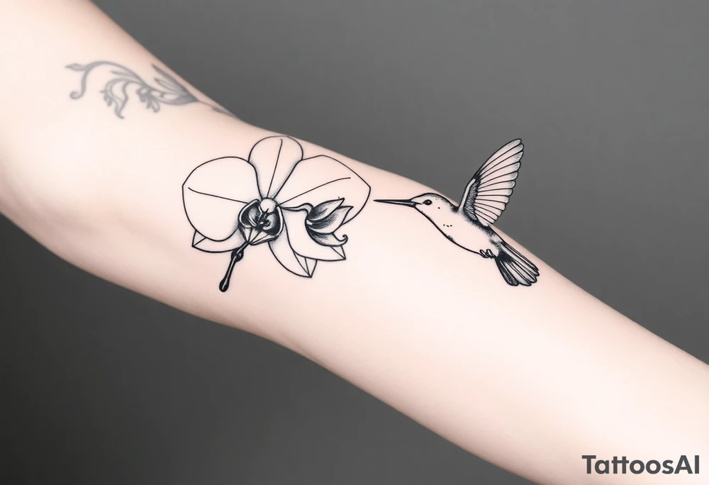 A delicate, black and white fine-line tattoo for make, featuring a gracefully detailed orchid in full bloom (stem and at least 2 flowers), with soft, intricate petals and elegant curves. Beside it, a hummingbird hovers mid-flight, its wings drawn with subtle motion lines, its slender beak reaching toward the orchid’s center to drink its nectar. The design captures a sense of balance and harmony, with the contrast between the stillness of the flower and the gentle energy of the bird. Perfectly suited for the upper arm, this piece combines nature’s beauty and movement in a timeless style tattoo idea