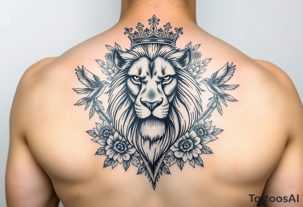 powerful majestic lion with a crown, surrounded by floral ornaments and birds tattoo idea