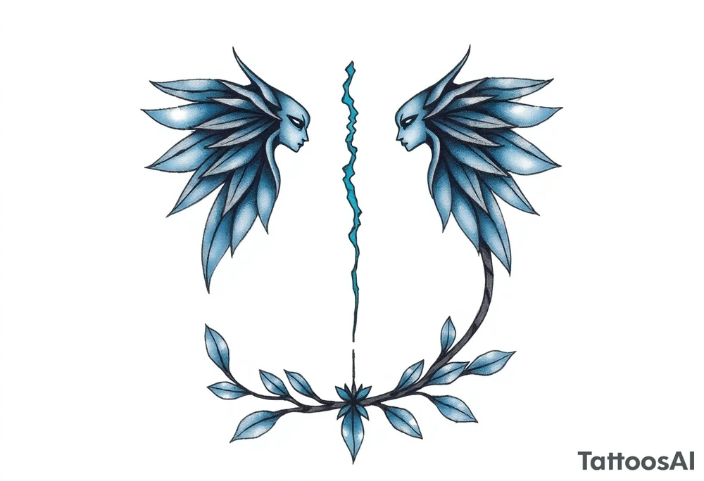 A minimalist tattoo that represents a shattered and betrayed gemini woman who fought hard throughout this year. With colors blue and black. Make it unique and rare. Without leaves and stem. tattoo idea