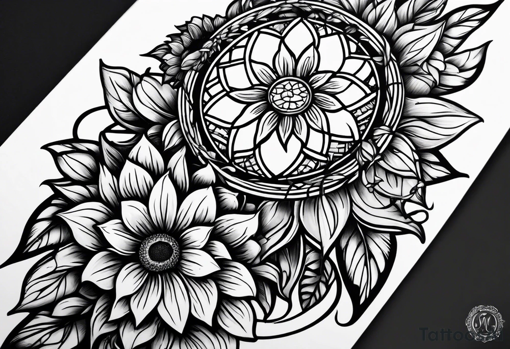 Dreamcatcher and sunflowers forearm sleeve tattoo idea