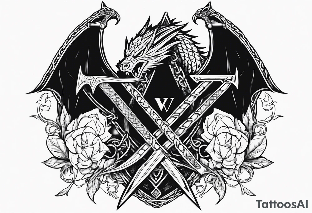 Valhalla sword shield dragon axe Valknut barbed wire chains tattoo idea Valhalla sword shield dragon axe Valknut barbed wire chains tattoo idea