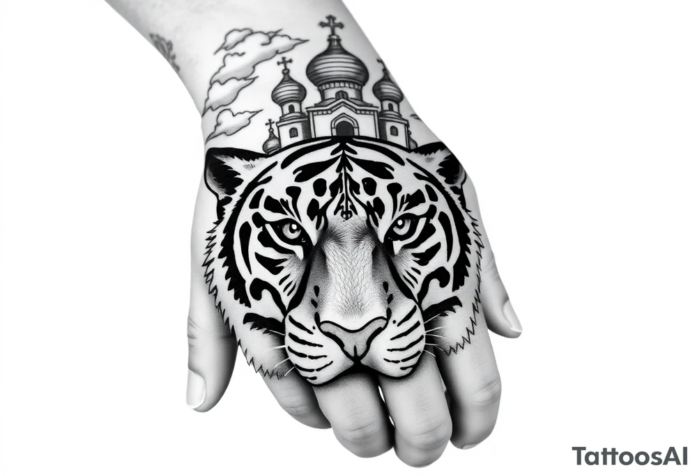 Realistic tiger face on the back of the hand with its eyes ALL black and no pupils, sitting beneath a Russian Orthodox cathedral sitting above on the top fore arm with onion domes and orthodox crosses. with clouds above and a virgin mary tattoo idea