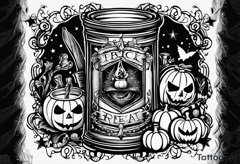 Trick or treat, 20 oz tumbler banner design, candy, minimalist, potions, brew, broom, spellbound, voodoo, cat tattoo idea