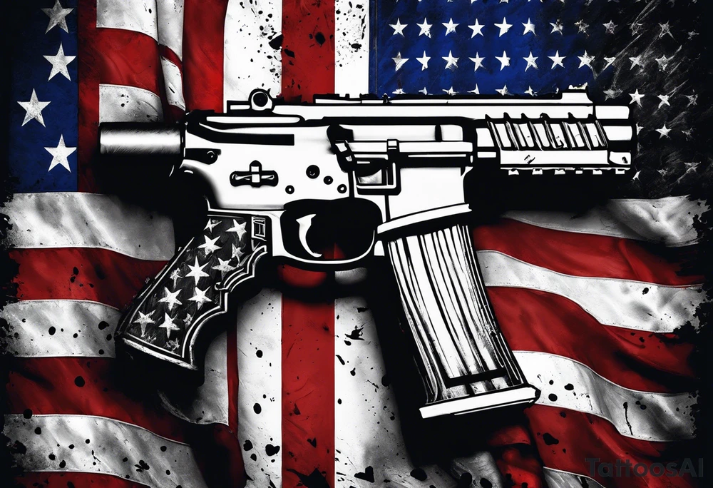 Distressed American flag behind a cross with 2 guns leaned on it simpler tattoo idea