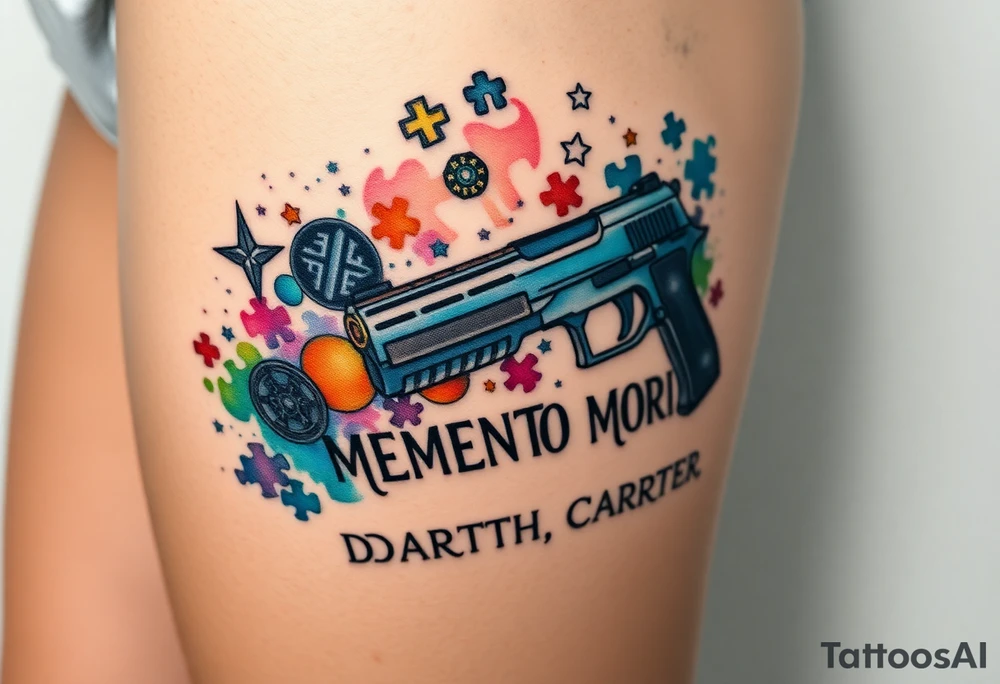 colorful futuristic memory tattoo for passed boyfriend;, star wars, Harley Davidson, skateboarding, puzzle pieces, video games, heaven, god, outdoors, beretta 9mm gun, words MEMENTO MORI & DARTH CARTER tattoo idea