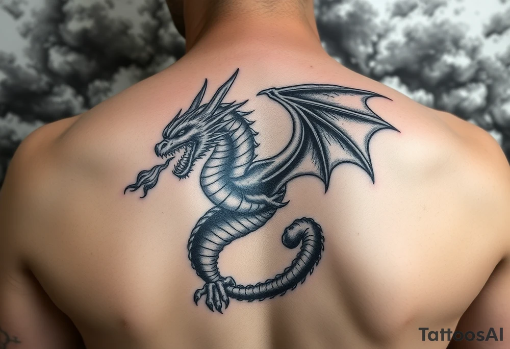 fierce dragon breathing iridescent fire against stormy skies tattoo idea