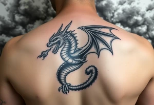 fierce dragon breathing iridescent fire against stormy skies tattoo idea
