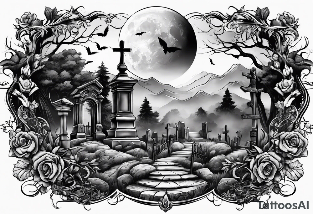 Graveyard with moon and smoke tattoo idea