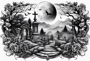 Graveyard with moon and smoke tattoo idea