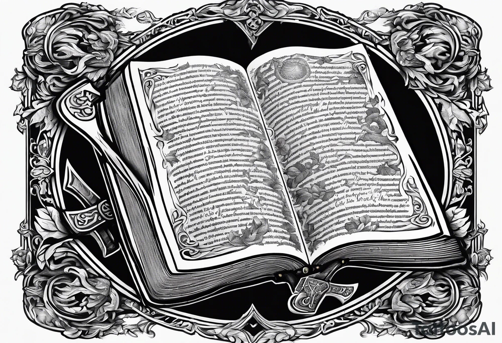 An opened bible with a battle Axe tattoo idea