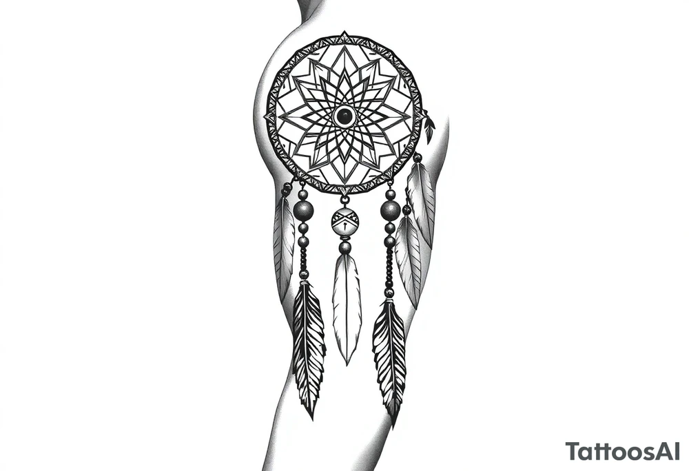 native dreamcatcher with flowing feathers and sacred beads tattoo idea