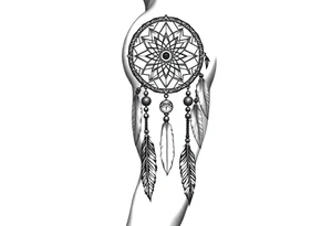 native dreamcatcher with flowing feathers and sacred beads tattoo idea