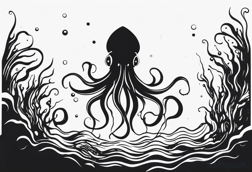 A visual representation of the horror squid concept, showing the squid becoming invisible in ink, its body turning black to blend in with its deep sea environment. The overall environment is dark, creating an eerie underwater atmosphere. tattoo idea