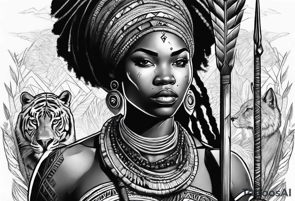 African woman warrior with tribe scars holding a spear with animals in the background tattoo idea