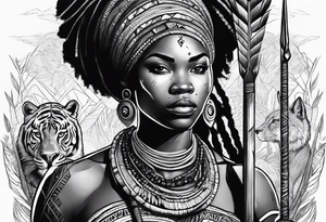African woman warrior with tribe scars holding a spear with animals in the background tattoo idea