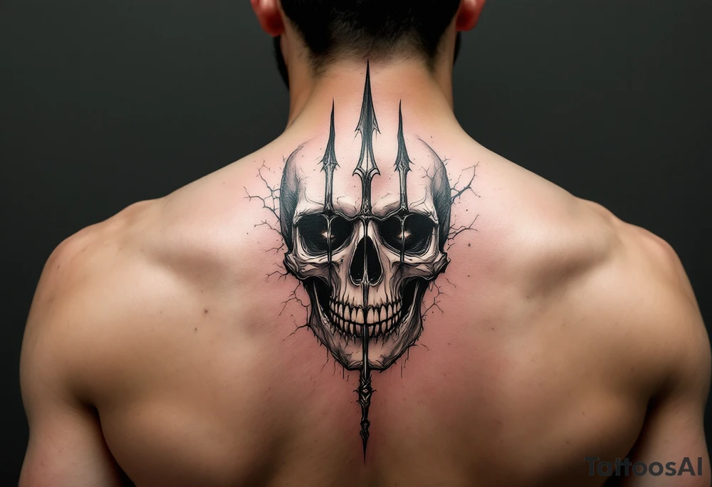 skeleton face behind trident tattoo idea