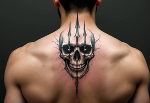 skeleton face behind trident tattoo idea