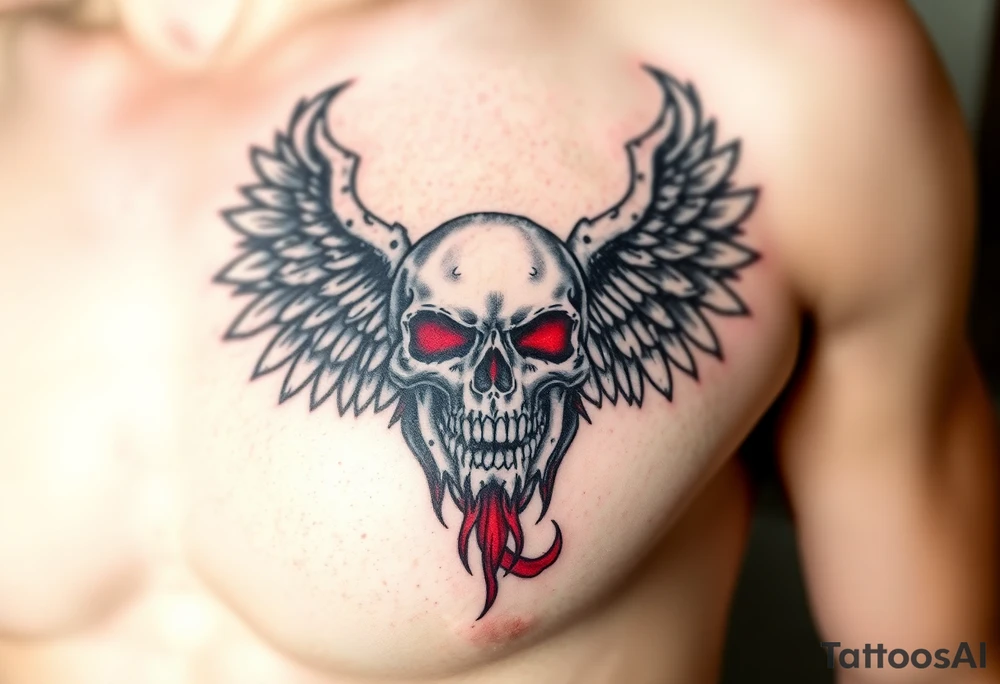 Angel skull black and red on left chest male tattoo idea
