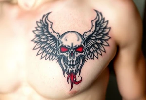 Angel skull black and red on left chest male tattoo idea