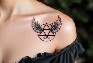 A black triquetra surrounded by angelic feathers, symbolizing divine protection and purity. tattoo idea