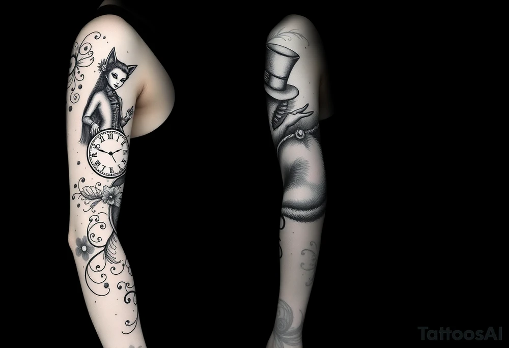 alice in womderland the chestire cat mad hatter and clock tattoo idea