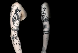 alice in womderland the chestire cat mad hatter and clock tattoo idea